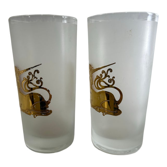 1960s Pair of MCM High Ball Tumblers by Culver 22k Gold Unicorns on Frosted Glass For Sale