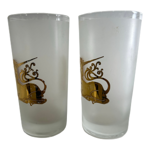 1960s Pair of MCM High Ball Tumblers by Culver 22k Gold Unicorns on Frosted Glass