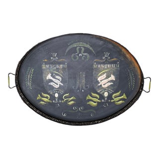 Mid 20th Century Georges Briard Toleware Hand Painted Oval Tray With Doves and Reticulated Railing, Signed For Sale