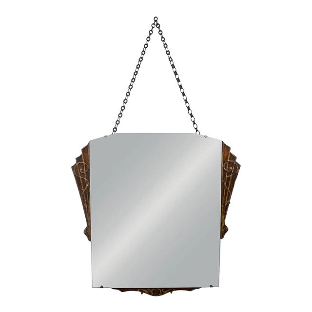 Early to Mid-20th Century Art Deco Hanging Mirror Decorative Carved Wood Fanned Side Panels For Sale