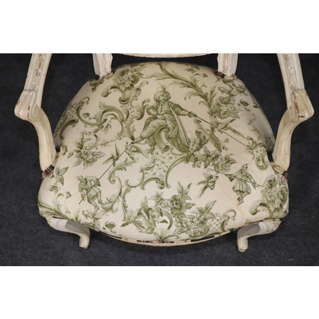 Pair of Distressed French Louis XV Style Painted Arm Chairs W/ Toile Upholstery For Sale - Image 11 of 14