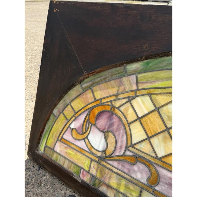 Antique Art Nouveau Colored Stained Glass Fruit 27 X 75 Arched Transom Window, A For Sale - Image 13 of 18