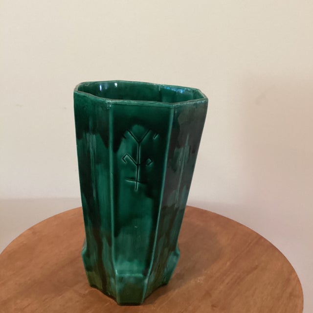 Emerald Rare Vintage Emerald Green Ceramic Vase W/Etched Design and Geometric Runes Symbols Signed Circa 1961 For Sale - Image 8 of 12
