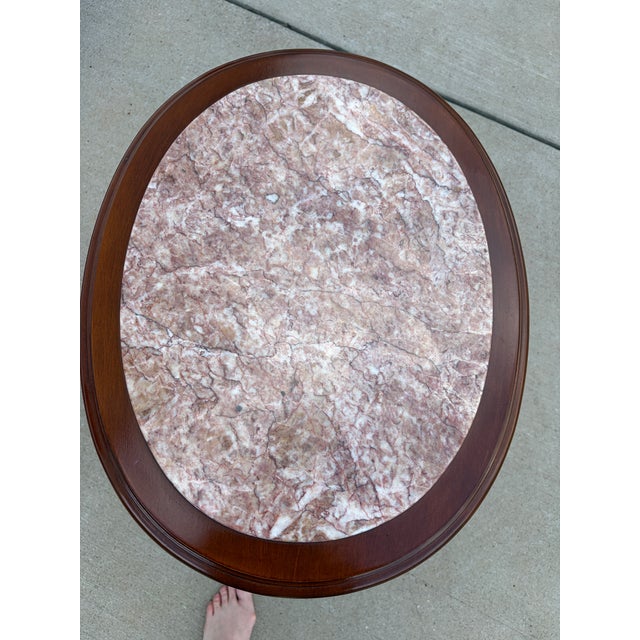 French Vintage Louis XVI Style Oval Rose Marble-Top Carved Wood Side Table For Sale - Image 3 of 6