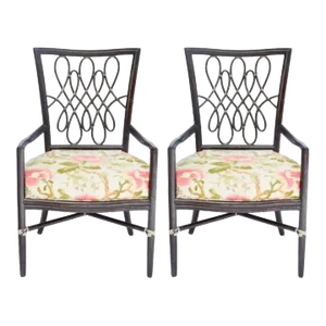 Pair of Barbara Barry for McGuire Rattan Chairs W/ Floral Upholstery
