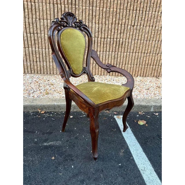 Pair of 19th Century Victorian Walnut Green Velvet Upholstered Armchairs For Sale - Image 9 of 11