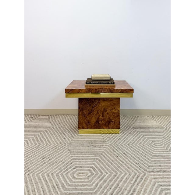 Mid-Century Modern Mid 20th Century Milo Baughman Style Burlwood Brass Trim Side Table Vintage MCM Postmodern Accent For Sale - Image 3 of 11