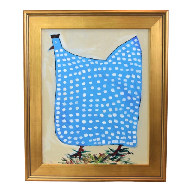 Original Blue Folk Art Chicken Hen Painting by Ruth Arenz Including the Antiqued Gold Wood Fame For Sale