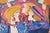 Bold and colorful modern figurative painting of six women dress in a 1980s style, by R. A. "Bobbie" Dixon (American, 20th...