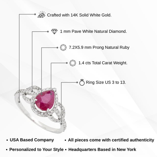 Natural 1.4ct Ruby & Diamond Halo Cocktail Ring Size 6.5 in 14k White Gold For Sale - Image 12 of 16