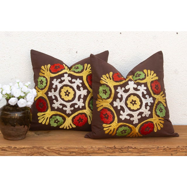 Brown Pair of 18" Multicolor Suzani Medallion Pillow Covers For Sale - Image 8 of 8