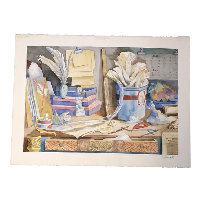 Original Vintage 1970’s Still Life Studio Watercolor Painting Signed Large For Sale