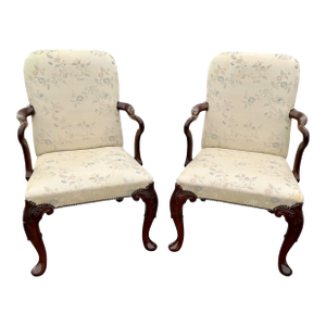 Pair of 1980s Baker Upholstered Armchairs With Carved Mahogany Frames