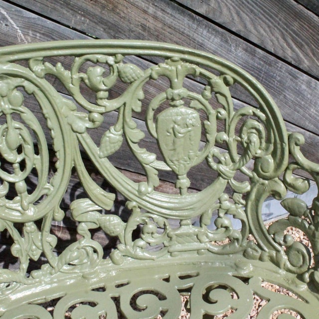 Asparagus Set of Green Painted Metal Outdoor Garden Furniture: Antique Cameo Pattern, Six Pieces For Sale - Image 8 of 17