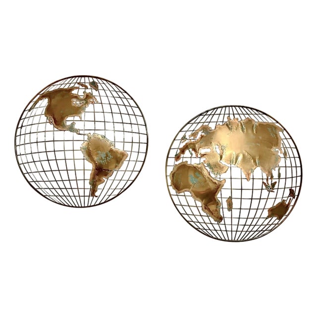Iconic Curtis Jere World Globe Torch-Cut Brutalist Abstract Metal Art Brass Wall Sculpture, a Pair For Sale