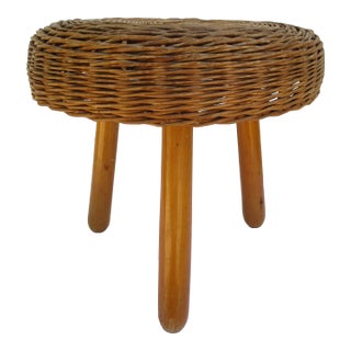 Wood & Wicker Rattan Three-Legged Stool For Sale