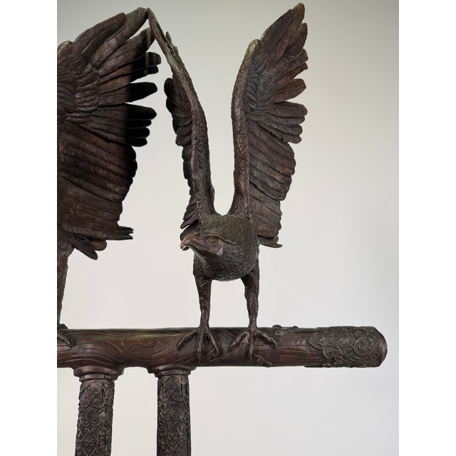 Bronze Double Eagle Sculpture on Japanese Stand, 68”h – Hand-Carved Style Pedestal Form For Sale In Dallas - Image 6 of 13