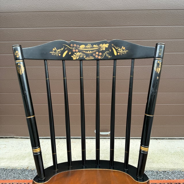 A vintage L. Hitchcock Rustic Country or Farmhouse solid maple Windsor side chair in black with a natural maple seat and...