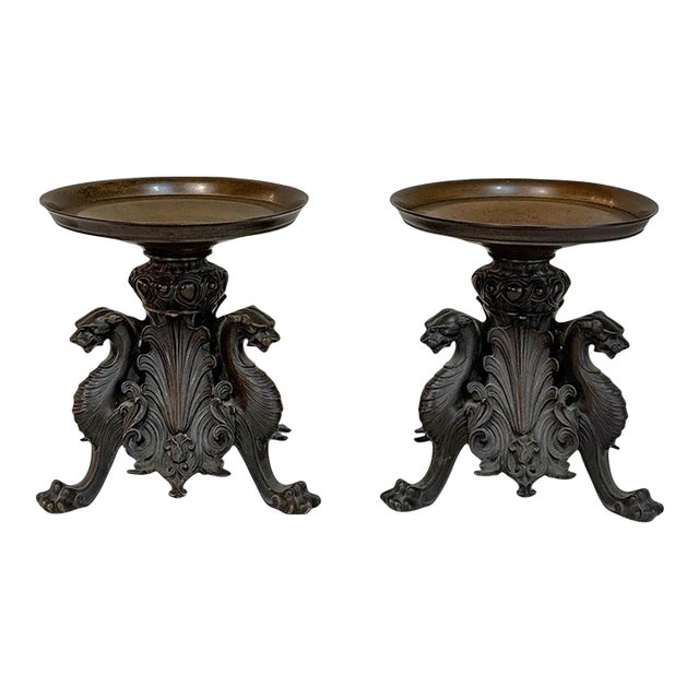 Pair of Renaissance Revival Bronze Rose Bowl ~ Pillar Candle Stands For Sale