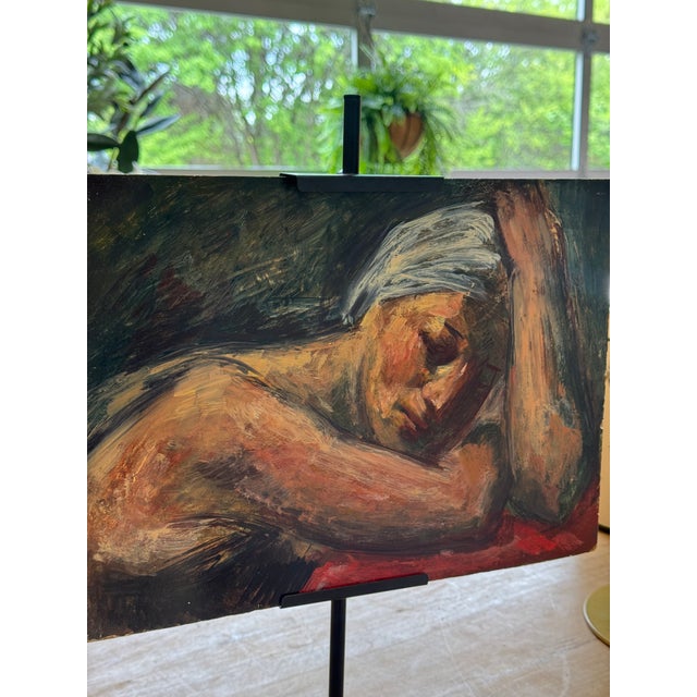 Wood Vintage Mid-Century Figurative Oil Painting on Board | Woman in Thought For Sale - Image 7 of 7