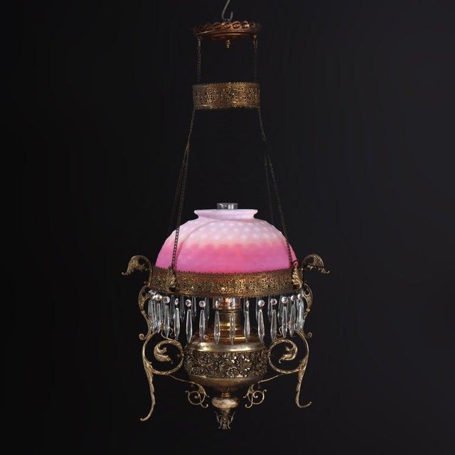 Late 19th Century Victorian Brass, Bronze & Crystal Chandelier With Peachblow Hobnail Glass Shade For Sale - Image 6 of 17