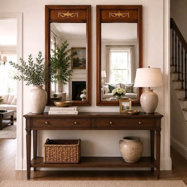 Brown Pair of Federal Style Trumeau Mirrors | Neoclassical Wall Mirrors | Traditional Decor For Sale - Image 8 of 10