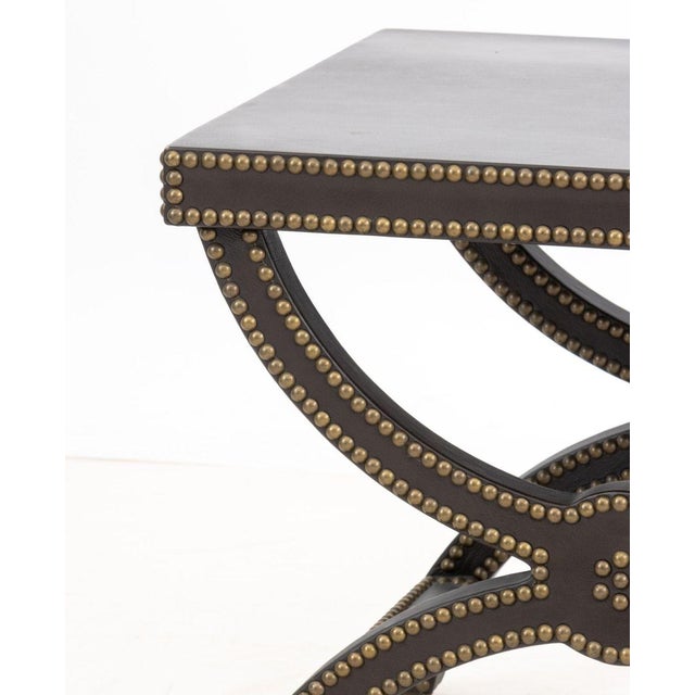 Baker Furniture Company Baker Alexandre Brown Leather Brass Riveted Stool For Sale - Image 4 of 8