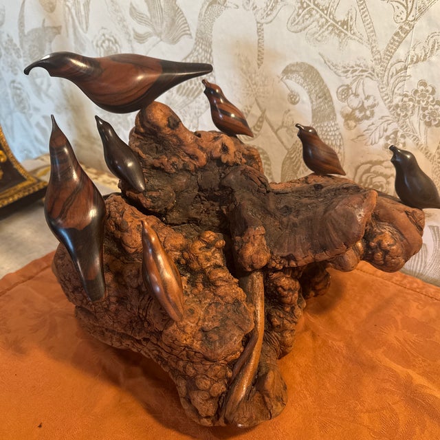 Mid 20th Century Vintage 7 Wooden Birds on Carved Burl Wood Sculpture For Sale - Image 5 of 12