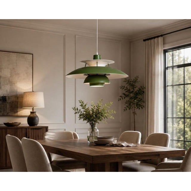Not Yet Made - Made To Order Danish Modern Green Pendant Light, Mid Century Layered Ceiling Lamp, Brass Scandinavian Hanging Light, Retro Dining Room Fixture For Sale - Image 5 of 6