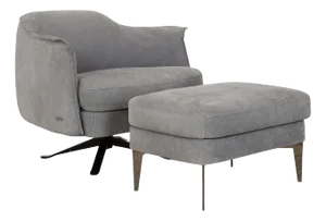 Set of Leather Armchair Grey Blue and Stool from Cierre Boheme