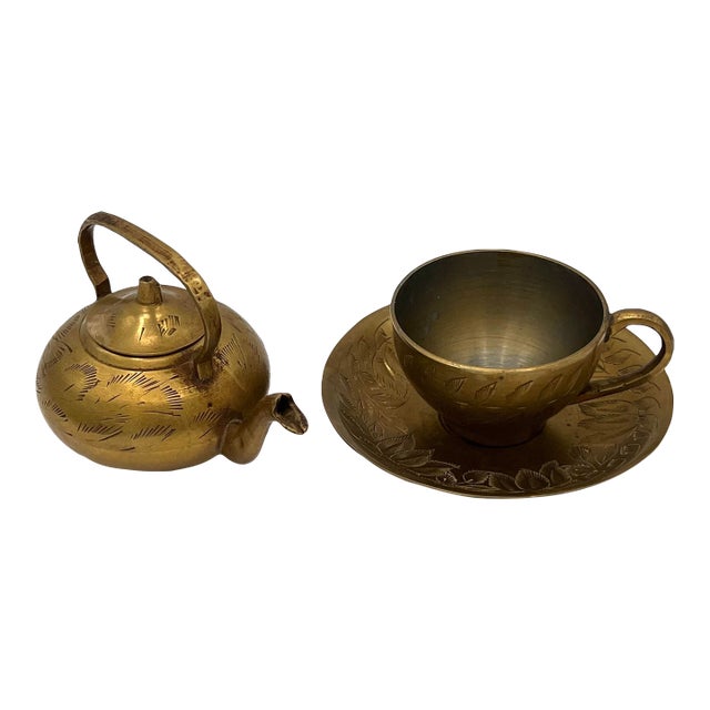 Vintage Brass Teapot With Matching Teacup and Saucer For Sale