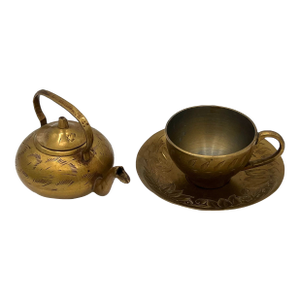 Vintage Brass Teapot With Matching Teacup and Saucer