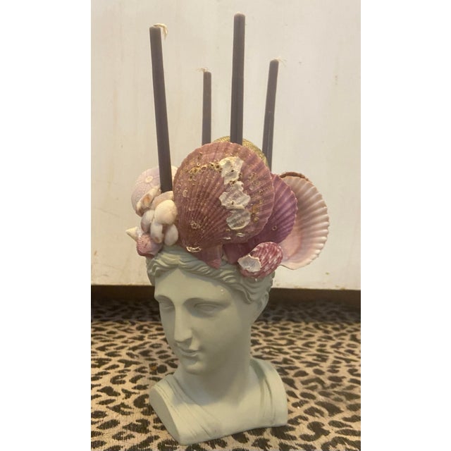 Shell-Encrusted Bust in Farrow & Ball “Blue Gray” With Candle Holders For Sale - Image 4 of 12