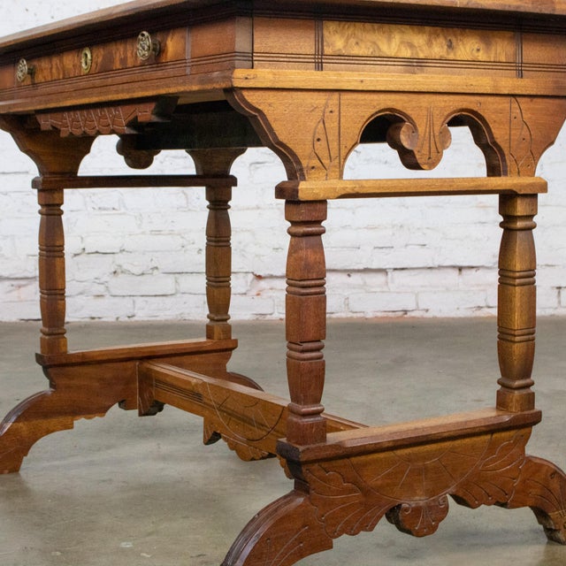 Late 19th Century Eastlake Victorian Style Ladies Writing Desk Walnut Burl and Faux Leather Top For Sale - Image 14 of 18