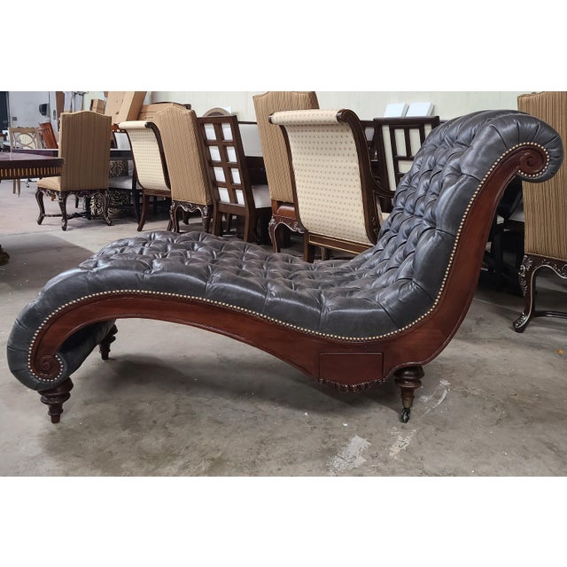 Henredon Chesterfield Mahogany Tufted Charcoal Grey Leather Chaise