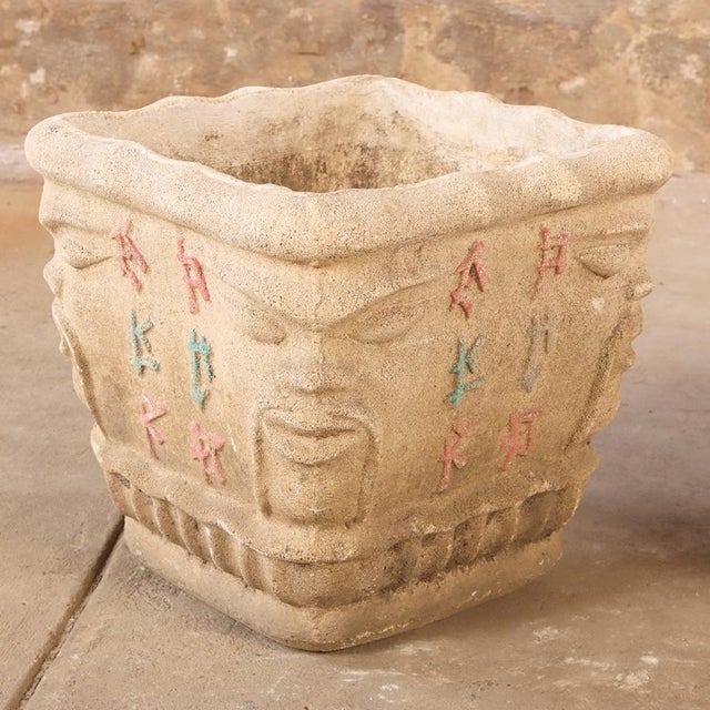 Stone 1950s Pair of Italian Cast Stone Planters With Face Motifs For Sale - Image 7 of 7
