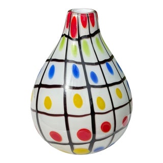 Vintage 11” Graphic Grid Pattern Art Glass Vase For Sale