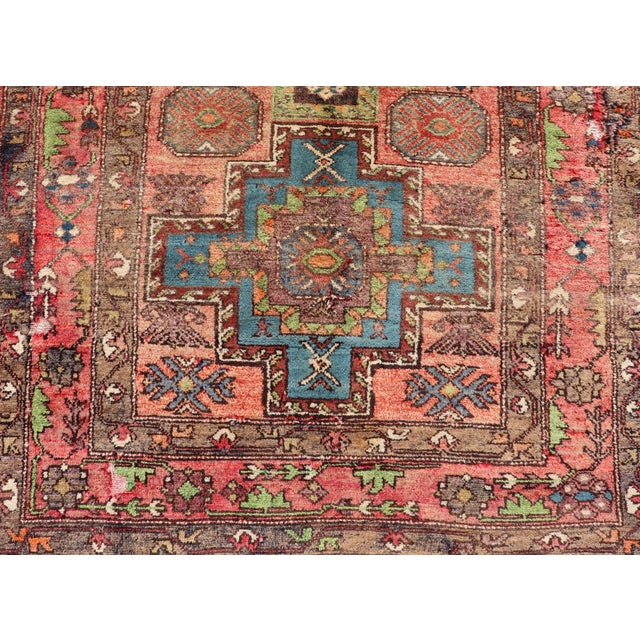 Vintage Caucasian Kazak Rug With Medallions in Coral and Turquoise 4'2 X 6'9 For Sale - Image 11 of 14
