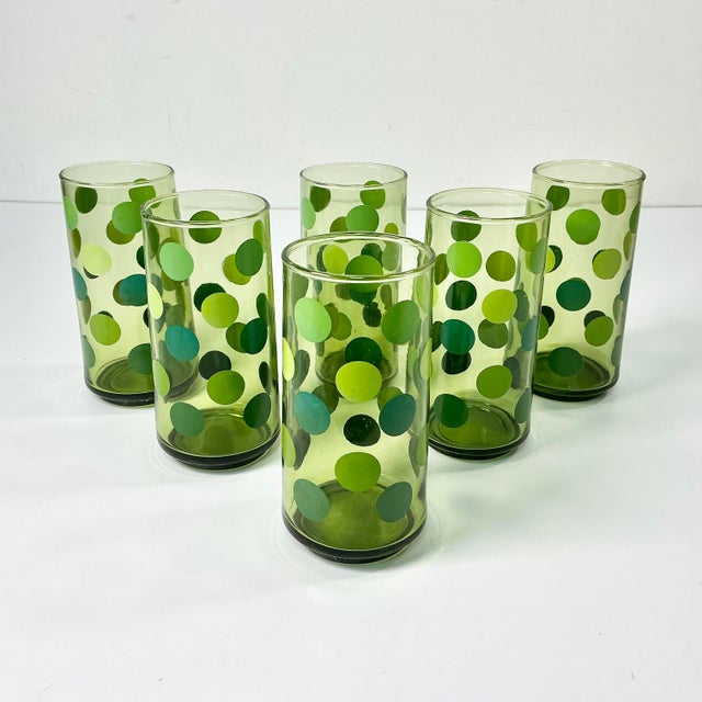 Mid 20th Century Mid 20th Century Boho Chic Modern Olive Polka Dot Tumbler Glassware - Set of 6. For Sale - Image 5 of 14