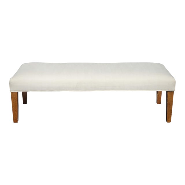 Modern White Bed Side Bench With Brown Legs & Designer Fabric For Sale