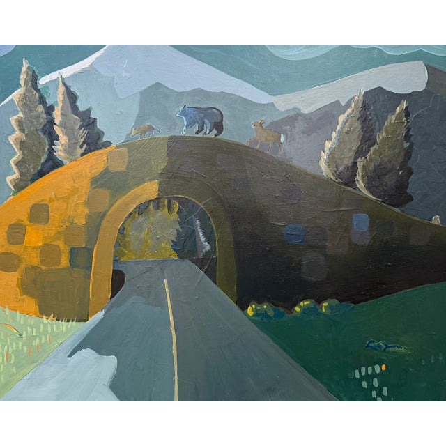 Bottle Green "Happy Animals" Painting of Wildlife Crossing by LWren Walraven For Sale - Image 8 of 14