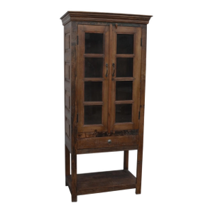 Reclaimed Teak Cabinet With Glass Fronted Doors & Lower Open Shelf