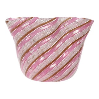 Fratelli Toso Murano Vintage Italian Pink White Ribbons Art Glass Fazzoletto Vase Mid 20th Century For Sale