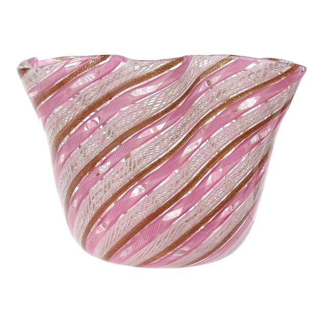 Fratelli Toso Murano Vintage Italian Pink White Ribbons Art Glass Fazzoletto Vase Mid 20th Century For Sale