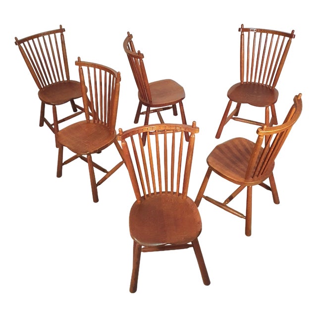 Spindle Back Dining Chairs in Oak from De Ster Geldermalsen with Carved Backrests, 1960s, Set of 6 For Sale