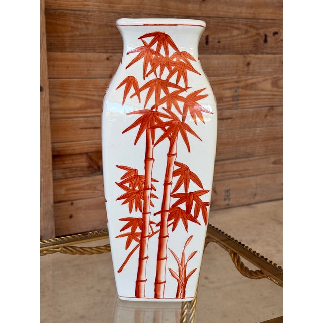 Vintage Chinoiserie Porcelain Bamboo Vase in Rust Red For Sale - Image 4 of 9