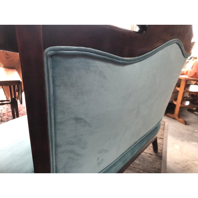 Mint 1940s Mahogany Cherub Carved Love Seat Mint Velvet Haute House Fabric For Sale - Image 8 of 9