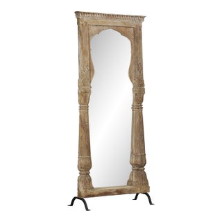 Antique Indian Bleached Teakwood Archway, C. 1900, With a Mirror Added on Iron Legs For Sale