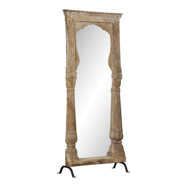 Antique Indian Bleached Teakwood Archway, C. 1900, With a Mirror Added on Iron Legs For Sale