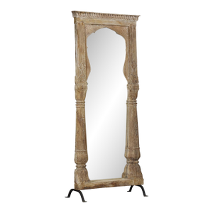 Antique Indian Bleached Teakwood Archway, C. 1900, With a Mirror Added on Iron Legs